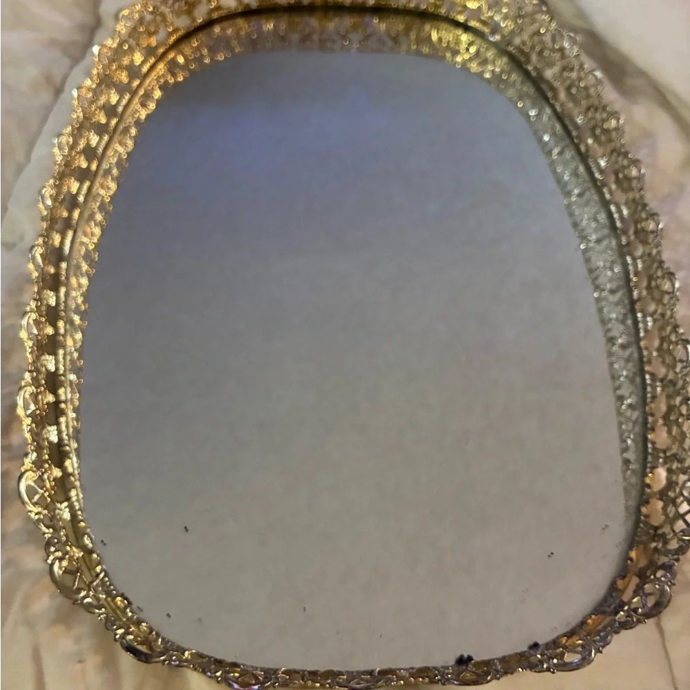 Vtg Gold Metal & Glass Footed Jewelry Box Hinged vanity W Smaller Box & Mirror